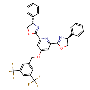 Chemical structure of (4S,4'S)-2,2'-(4-((3,5-Bis(trifluoromethyl)benzyl)oxy)pyridine-2,6-diyl)bis(4-phenyl-4,5-dihydrooxazole) , CAS 2583788-91-2, AChemBlock AD269230