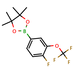 Chemical structure of 2-(4-Fluoro-3-(trifluoromethoxy)phenyl)-4,4,5,5-tetramethyl-1,3,2-dioxaborolane , CAS 1366406-64-5, AChemBlock AD269240