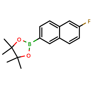 Chemical structure of 2-(6-Fluoronaphthalen-2-yl)-4,4,5,5-tetramethyl-1,3,2-dioxaborolane , CAS 1308669-74-0, AChemBlock AD269279