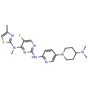Chemical structure of N2-(5-(4-(Dimethylamino)piperidin-1-yl)pyridin-2-yl)-5-fluoro-N4-methyl-N4-(4-methylthiazol-2-yl)pyrimidine-2,4-diamine , AChemBlock AD269282