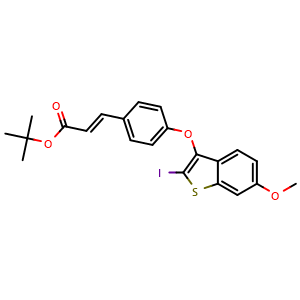 Chemical structure of tert-Butyl (E)-3-(4-((2-iodo-6-methoxybenzo[b]thiophen-3-yl)oxy)phenyl)acrylate , AChemBlock AD269287