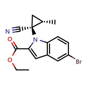 Chemical structure of Ethyl 5-bromo-1-((1S,2S)-1-cyano-2-methylcyclopropyl)-1H-indole-2-carboxylate , CAS 2212021-33-3, AChemBlock AD269295