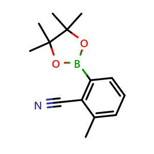 Chemical structure of 2-Methyl-6-(tetramethyl-1,3,2-dioxaborolan-2-yl)benzonitrile , CAS 941594-62-3, AChemBlock AD269300