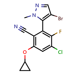 Chemical structure of 2-(4-Bromo-1-methyl-1H-pyrazol-5-yl)-4-chloro-6-cyclopropoxy-3-fluorobenzonitrile , CAS 2629317-96-8, AChemBlock AD269302