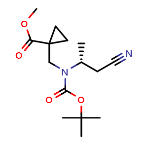 Chemical structure of (R)-Methyl 1-(((tert-butoxycarbonyl)(1-cyanopropan-2-yl)amino)methyl)cyclopropanecarboxylate , AChemBlock AD269310