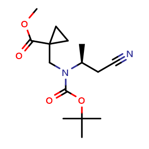 Chemical structure of (S)-Methyl 1-(((tert-butoxycarbonyl)(1-cyanopropan-2-yl)amino)methyl)cyclopropanecarboxylate , AChemBlock AD269311