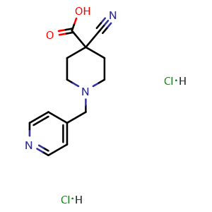 Chemical structure of 4-Cyano-1-(pyridin-4-ylmethyl)piperidine-4-carboxylic acid dihydrochloride , AChemBlock AD269313