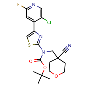 Chemical structure of tert-Butyl (4-(5-chloro-2-fluoropyridin-4-yl)thiazol-2-yl)((4-cyanotetrahydro-2H-pyran-4-yl)methyl)carbamate , CAS 2247481-27-0, AChemBlock AD269315