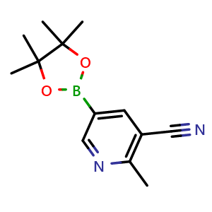 Chemical structure of 2-Methyl-5-(4,4,5,5-tetramethyl-1,3,2-dioxaborolan-2-yl)nicotinonitrile , CAS 1850257-78-1, AChemBlock AD269317