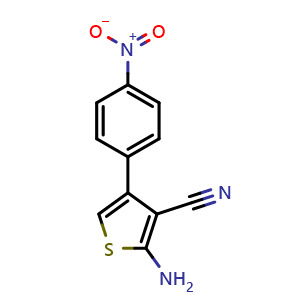 Chemical structure of 2-Amino-4-(4-nitrophenyl)thiophene-3-carbonitrile , CAS 86604-41-3, AChemBlock AD269320
