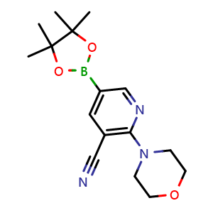 Chemical structure of 2-Morpholino-5-(4,4,5,5-tetramethyl-1,3,2-dioxaborolan-2-yl)nicotinonitrile , CAS 1356068-62-6, AChemBlock AD269321
