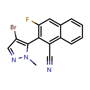 Chemical structure of 2-(4-Bromo-1-methyl-1H-pyrazol-5-yl)-3-fluoro-1-naphthonitrile , CAS 2629318-45-0, AChemBlock AD269324