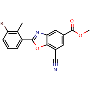 Chemical structure of Methyl 2-(3-bromo-2-methylphenyl)-7-cyanobenzo[d]oxazole-5-carboxylate , CAS 2459479-71-9, AChemBlock AD269325