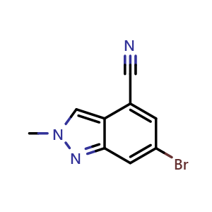 Chemical structure of 6-Bromo-2-methyl-2H-indazole-4-carbonitrile , CAS 2090975-52-1, AChemBlock AD269326