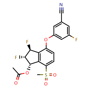 Chemical structure of (1S,2S,3S)-4-(3-Cyano-5-fluorophenoxy)-2,3-difluoro-7-(methylsulfonyl)-2,3-dihydro-1H-inden-1-yl acetate , CAS 2365402-28-2, AChemBlock AD269334