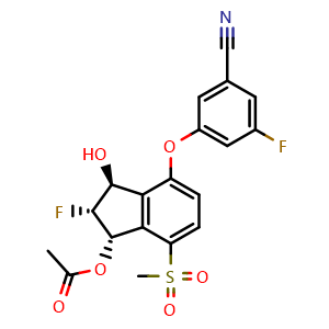 Chemical structure of (1S,2R,3S)-4-(3-Cyano-5-fluorophenoxy)-2-fluoro-3-hydroxy-7-(methylsulfonyl)-2,3-dihydro-1H-inden-1-yl acetate , CAS 1672668-28-8, AChemBlock AD269335