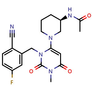 Chemical structure of (R)-N-(1-(3-(2-Cyano-5-fluorobenzyl)-1-methyl-2,6-dioxo-1,2,3,6-tetrahydropyrimidin-4-yl)piperidin-3-yl)acetamide , CAS 1821520-42-6, AChemBlock AD269339