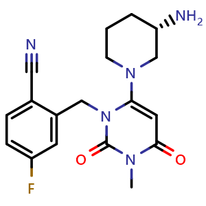 Chemical structure of (S)-2-((6-(3-Aminopiperidin-1-yl)-3-methyl-2,4-dioxo-3,4-dihydropyrimidin-1(2H)-yl)methyl)-4-fluorobenzonitrile , CAS 2206135-35-3, AChemBlock AD269340