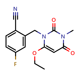 Chemical structure of 2-((6-Ethoxy-3-methyl-2,4-dioxo-3,4-dihydropyrimidin-1(2H)-yl)methyl)-4-fluorobenzonitrile , CAS 1938080-43-3, AChemBlock AD269342