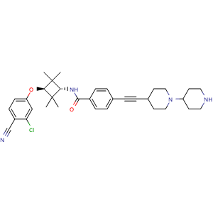 Chemical structure of 4-([1,4'-Bipiperidin]-4-ylethynyl)-N-((1r,3r)-3-(3-chloro-4-cyanophenoxy)-2,2,4,4-tetramethylcyclobutyl)benzamide , CAS 2316837-23-5, AChemBlock AD269343