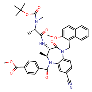 Chemical structure of Methyl 4-((2S,3S)-3-((S)-2-((tert-butoxycarbonyl)(methyl)amino)propanamido)-8-cyano-5-((2-methoxynaphthalen-1-yl)methyl)-2-methyl-4-oxo-2,3,4,5-tetrahydro-1H-benzo[b][1,4]diazepine-1-carbonyl)benzoate , CAS 2158322-16-6, AChemBlock AD269344