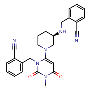 Chemical structure of (R)-2-(((1-(3-(2-Cyanobenzyl)-1-methyl-2,6-dioxo-1,2,3,6-tetrahydropyrimidin-4-yl)piperidin-3-yl)amino)methyl)benzonitrile , CAS 2749424-28-8, AChemBlock AD269345