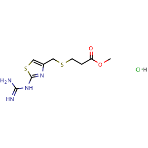 Chemical structure of Propanoic acid, 3-[[[2-[(aminoiminomethyl)amino]-4-thiazolyl]methyl]thio]-, methyl ester, hydrochloride , CAS 1798006-30-0, AChemBlock AD269369