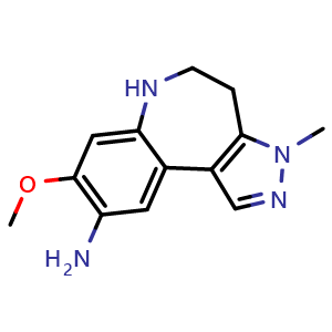 Chemical structure of 8-Methoxy-3-methyl-3,4,5,6-tetrahydrobenzo[b]pyrazolo[4,3-d]azepin-9-amine , CAS 2726465-20-7, AChemBlock AD269379