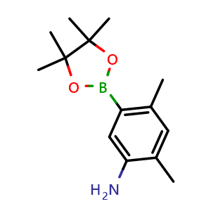 Chemical structure of 2,4-Dimethyl-5-(4,4,5,5-tetramethyl-1,3,2-dioxaborolan-2-yl)-benzenamine , CAS 1126367-54-1, AChemBlock AD269390