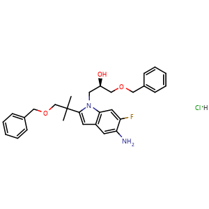 Chemical structure of (R)-1-(5-Amino-2-(1-(benzyloxy)-2-methylpropan-2-yl)-6-fluoro-1H-indol-1-yl)-3-(benzyloxy)propan-2-ol hydrochloride , AChemBlock AD269408