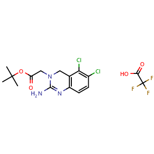 Chemical structure of tert-Butyl 2-(2-amino-5,6-dichloroquinazolin-3(4H)-yl)acetate 2,2,2-trifluoroacetate , CAS 3010286-98-0, AChemBlock AD269411