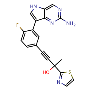Chemical structure of 4-(3-(2-Amino-5H-pyrrolo[3,2-d]pyrimidin-7-yl)-4-fluorophenyl)-2-(thiazol-2-yl)but-3-yn-2-ol , CAS 2396555-71-6, AChemBlock AD269415