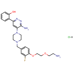 Chemical structure of 2-(6-Amino-5-(4-(4-(2-(2-aminoethoxy)ethoxy)-3-fluorobenzyl)piperazin-1-yl)pyridazin-3-yl)phenol hydrochloride , AChemBlock AD269424