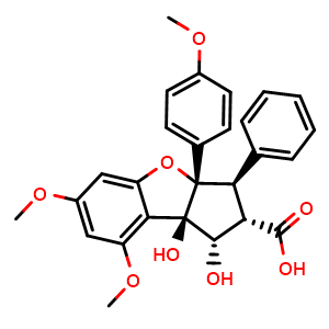 Chemical structure of (1S,2S,3R,3aS,8bR)-1,8b-Dihydroxy-6,8-dimethoxy-3a-(4-methoxyphenyl)-3-phenyl-2,3,3a,8b-tetrahydro-1H-cyclopenta[b]benzofuran-2-carboxylic acid , CAS 1352914-51-2, AChemBlock AD269441