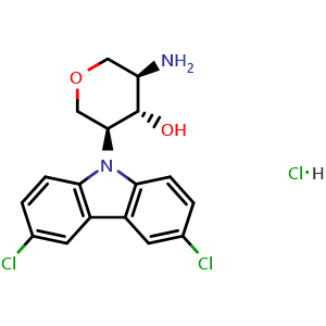 Chemical structure of (3R,4S,5S)-3-Amino-5-(3,6-dichloro-9H-carbazol-9-yl)tetrahydro-2H-pyran-4-ol hydrochloride , AChemBlock AD269442