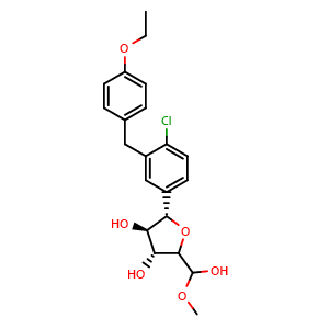 Chemical structure of (2S,3R,4R)-2-(4-Chloro-3-(4-ethoxybenzyl)phenyl)-5-(hydroxy(methoxy)methyl)tetrahydrofuran-3,4-diol , AChemBlock AD269445