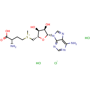 Chemical structure of ((S)-3-amino-3-carboxypropyl)(((2S,3S,4R,5R)-5-(6-amino-9H-purin-9-yl)-3,4-dihydroxytetrahydrofuran-2-yl)methyl)(methyl)sulfonium chloride dihydrochloride , CAS 86867-01-8, AChemBlock AD269450