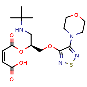 Chemical structure of (S,Z)-4-((1-(tert-Butylamino)-3-((4-morpholino-1,2,5-thiadiazol-3-yl)oxy)propan-2-yl)oxy)-4-oxobut-2-enoic acid , CAS 1026075-53-5, AChemBlock AD269454