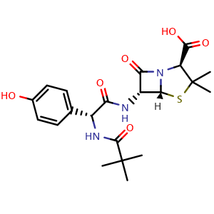 Chemical structure of (2S,5R,6R)-6-((R)-2-(4-Hydroxyphenyl)-2-pivalamidoacetamido)-3,3-dimethyl-7-oxo-4-thia-1-azabicyclo[3.2.0]heptane-2-carboxylic acid , CAS 1313237-94-3, AChemBlock AD269456