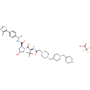Chemical structure of (2S,4R)-1-((S)-3,3-Dimethyl-2-(2-(4-((1-(piperidin-4-ylmethyl)piperidin-4-yl)methyl)piperazin-1-yl)acetamido)butanoyl)-4-hydroxy-N-((S)-1-(4-(4-methylthiazol-5-yl)phenyl)ethyl)pyrrolidine-2-carboxamide 2,2,2-trifluoroacetate , AChemBlock AD269466