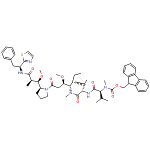 Chemical structure of (9H-fluoren-9-yl)methyl ((S)-1-(((S)-1-(((3R,4S,5S)-3-methoxy-1-((S)-2-((1R,2R)-1-methoxy-2-methyl-3-oxo-3-(((S)-2-phenyl-1-(thiazol-2-yl)ethyl)amino)propyl)pyrrolidin-1-yl)-5-methyl-1-oxoheptan-4-yl)(methyl)amino)-3-methyl-1-oxobutan-2-yl)amino)-3-m.. , CAS 2091305-19-8, AChemBlock AD269469