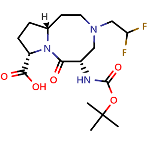 Chemical structure of (5S,8S,10aR)-5-((tert-Butoxycarbonyl)amino)-3-(2,2-difluoroethyl)-6-oxodecahydropyrrolo[1,2-a][1,5]diazocine-8-carboxylic acid , CAS 2497590-19-7, AChemBlock AD269477