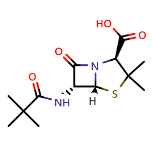 Chemical structure of (2S,5R,6R)-3,3-Dimethyl-7-oxo-6-pivalamido-4-thia-1-azabicyclo[3.2.0]heptane-2-carboxylic acid , CAS 6489-58-3, AChemBlock AD269480
