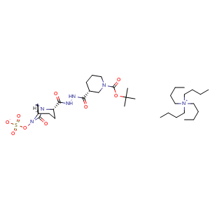 Chemical structure of Tetrabutylammonium (1R,2S,5R)-2-(2-((R)-1-(tert-butoxycarbonyl)piperidine-3-carbonyl)hydrazinecarbonyl)-7-oxo-1,6-diazabicyclo[3.2.1]octan-6-yl sulfate , CAS 1436862-01-9, AChemBlock AD269482