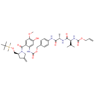 Chemical structure of 4-((S)-2-((S)-2-(((Allyloxy)carbonyl)amino)-3-methylbutanamido)propanamido)benzyl (2-((S)-2-(((tert-butyldimethylsilyl)oxy)methyl)-4-methylenepyrrolidine-1-carbonyl)-5-hydroxy-4-methoxyphenyl)carbamate , CAS 2379275-81-5, AChemBlock AD269487