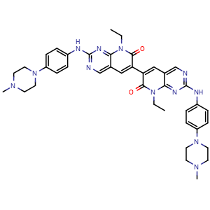 Chemical structure of 8,8'-Diethyl-2,2'-bis((4-(4-methylpiperazin-1-yl)phenyl)amino)-[6,6'-bipyrido[2,3-d]pyrimidine]-7,7'(8H,8'H)-dione , AChemBlock AD269499