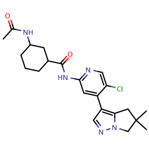 Chemical structure of 3-Acetamido-N-(5-chloro-4-(5,5-dimethyl-5,6-dihydro-4H-pyrrolo[1,2-b]pyrazol-3-yl)pyridin-2-yl)cyclohexanecarboxamide , AChemBlock AD269503