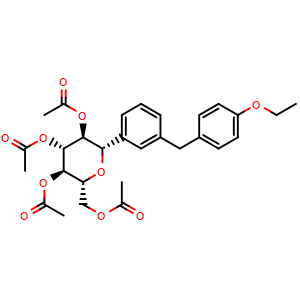 Chemical structure of (2R,3R,4R,5S,6S)-2-(Acetoxymethyl)-6-(3-(4-ethoxybenzyl)phenyl)tetrahydro-2H-pyran-3,4,5-triyl triacetate , AChemBlock AD269520