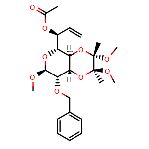 Chemical structure of (S)-1-((2S,3S,4aR,5R,7S,8S,8aS)-8-(Benzyloxy)-2,3,7-trimethoxy-2,3-dimethylhexahydro-2H-pyrano[3,4-b][1,4]dioxin-5-yl)allyl acetate , CAS 362518-38-5, AChemBlock AD269521