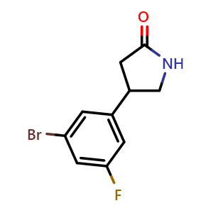 Chemical structure of 4-(3-Bromo-5-fluorophenyl)pyrrolidin-2-one , CAS 1367451-46-4, AChemBlock AD269532